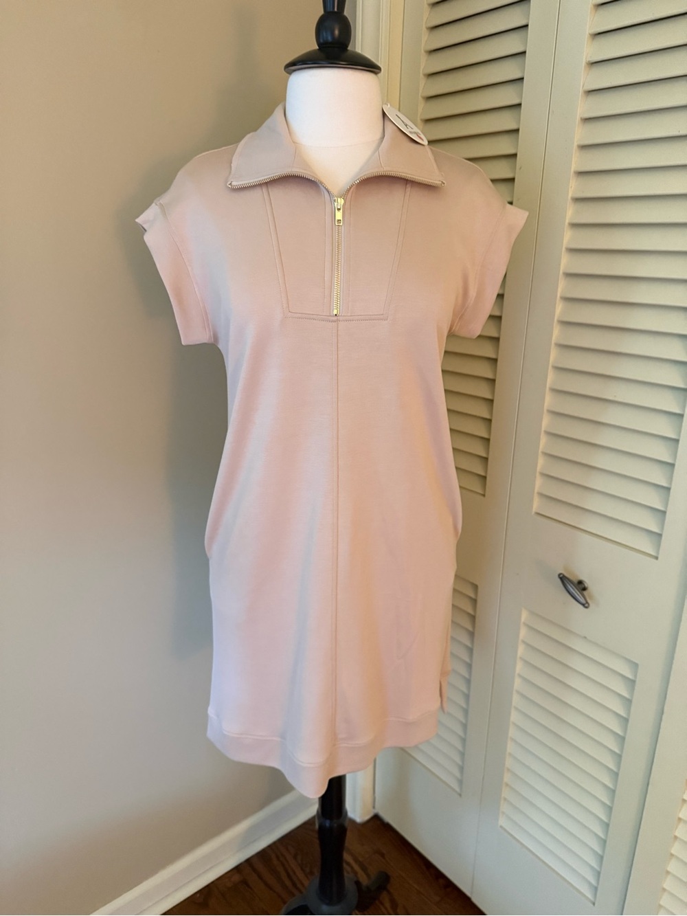 Zip-Front Mini Polo Dress in Light Beige
